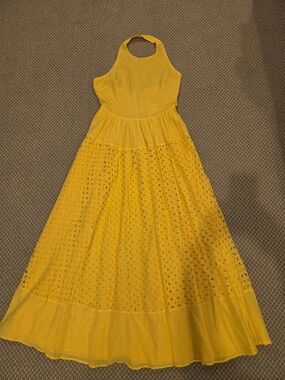 Avara Yellow Halter Eyelet Maxi Dress Sz Large NWT